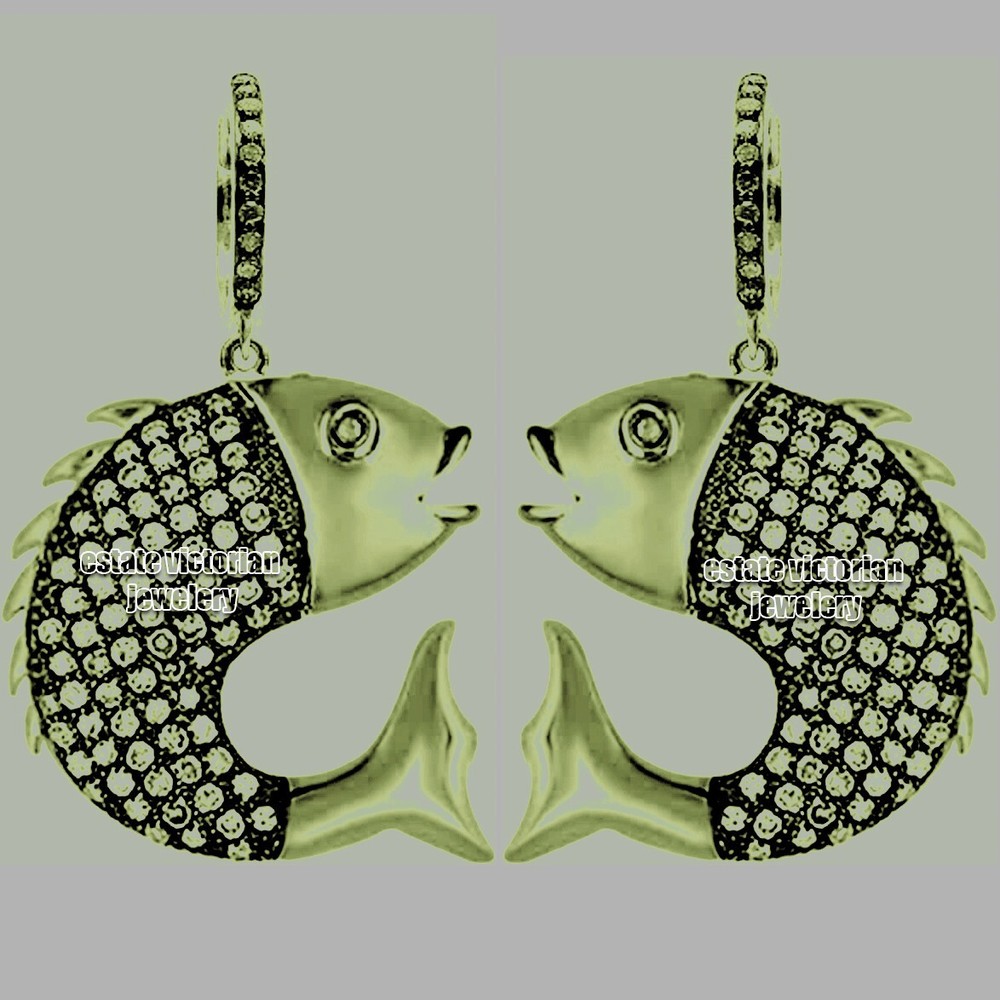 2.90Ctw Genuine Old Mine Rose Cut Diamond Silver Victorian Fish Earring Jewelry