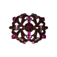 Vintage Style Purple Red Rhinestone Brooch Gunmetal Filigree Pin 2 By 1 1/2 In
