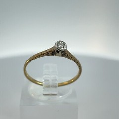 14K Antique Yellow/White Gold Solitaire Old European Cut .05 Ct Detailed Ring