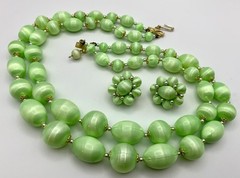 Vintage Lime Green Satin Finish 2-Strand Necklace & Clip Earrings Set MCM Japan