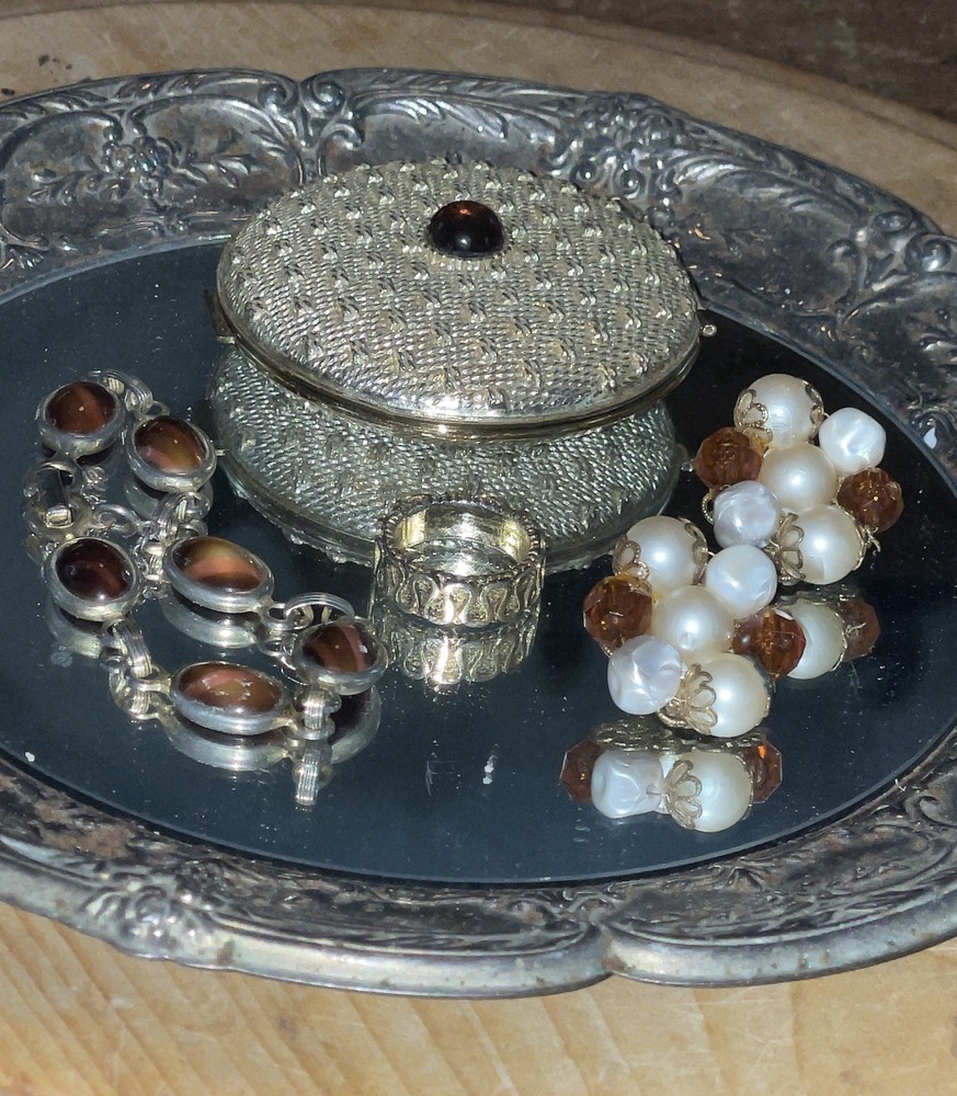 VINTAGE JEWELRY & REVLON NEW YORK COMPACT, RING BRACELET, EARRINGS 1960-1970’s