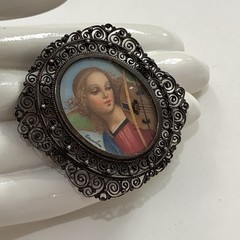 Antique European 800 Silver Filigree Madonna Mini Portrait Brooch Pin Pendant