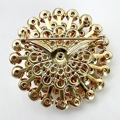 Vtg Judy Lee Domed Gold Tone Clear Frost Rhinestone Faux Pearl Round Pin Brooch