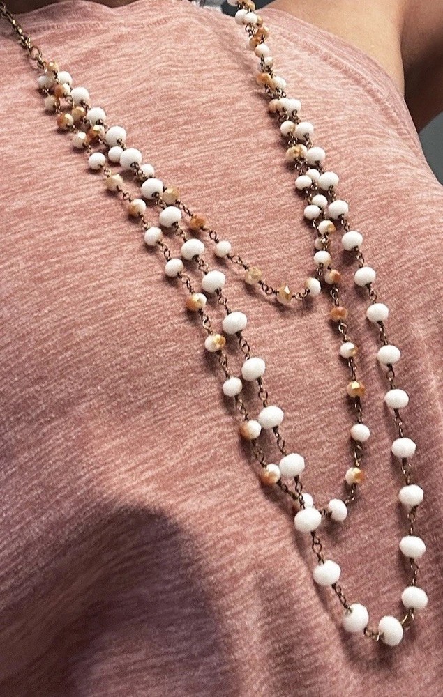 3-Layer Beaded Necklace Gold Tone Multicolor Neutral Boho Chic Long