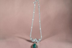 Vintage Schoffel 16″ Rhinestone & Faux Cabochon Emerald Green Necklace 1930s