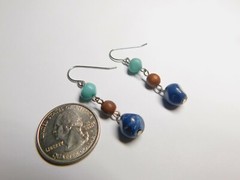 Blue Brown Plastic Faux Stone Bead Dangle Pierced Earrings Vintage