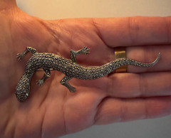 VINTAGE GECKO/LIZARD BROOCH/PIN SILVER 3.75 INCHES MARCASITE