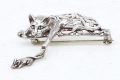 Vtg Jezlaine Filigree Cat Playing with Mouse 4.6G 925 Sterling Silver Pin Brooch