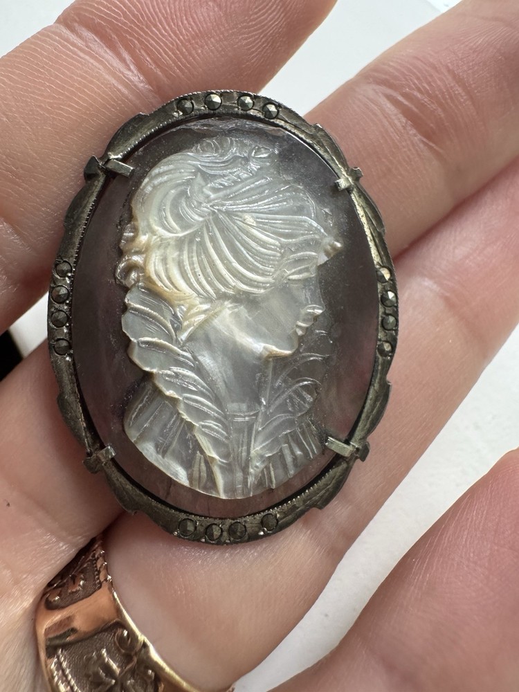 Vintage 800 Silver Mother of Pearl Abalone Shell Cameo Brooch Pendant Deco Era