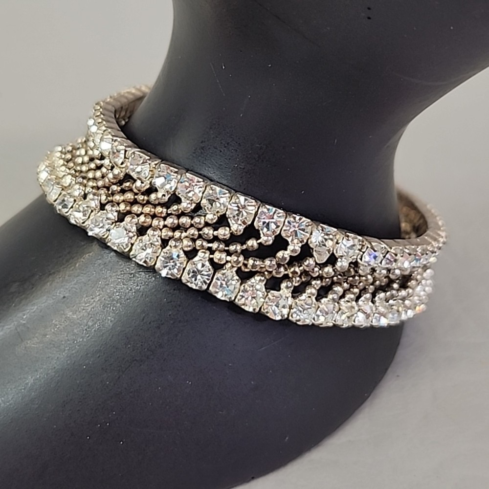 Vintage Rhinestone Bracelet Clear Glass Expandable Cup Chain