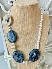 GENUINE PEARL NECKLACE Chunky Gemstone Labradorite & Baroque Pearl Artisan OOAK