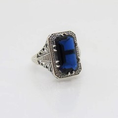 Art Deco Sapphire Ring Silver Vintage Filigree Blue Emerald Statement Jewelry