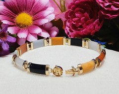 Vintage SOLID 14KT Gold Multi Color Jadeite Jade 11-Panel Link Bracelet~ 8-1/4″