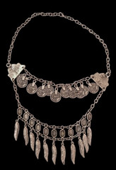 Vintage Silver Tone Boho Coin Feather Tassel Layered Necklace Gypsy Bibi Women