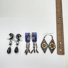 Lot 3 Boho Dangle Earrings Multicolor Moon Flower Beaded Polymer Clay Wood