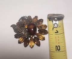 Vintage Brown Marbled Art Glass Rhinestone Filigree GoldTone Brooch STUNNING