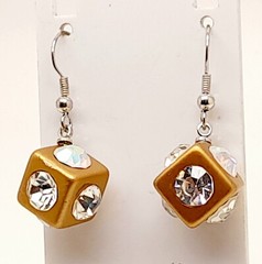gold tone metal Acrylic clear Rhinestone drop dangle Dice shape Pierced Earrings