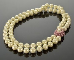 ANTIQUE ART DECO ENAMEL 2-STRAND LUCITE PEARL BEAD NECKLACE C.1920