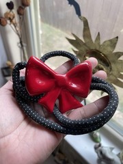 Vintage flying colors signed ceramic red bow Black Cord necklace
