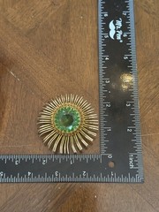 Vintage Mid-Century Lime Green Rhinestone Atomic Starburst Brooch Gold Tone Nice