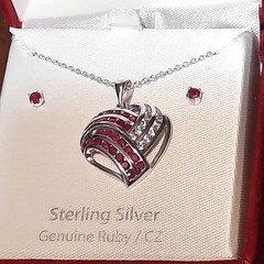 Genuine Ruby Cubic Zirconia Heart Pendant Necklace Earring Set Sterling A57 New