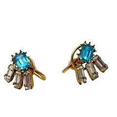 Vtg Art Deco 12k GF Blue Clear Rhinestone Screw-Back Earrings Ideal Jewelry MFG