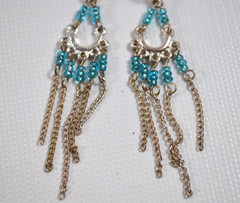 Silver Tone Chandelier Pierced Earrings Turquoise Color Glass Beads 3.5″