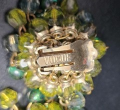 Vintage Vogue Signed Dangle Earrings Green Yellow Beaded Cluster Gold Tone 40mm