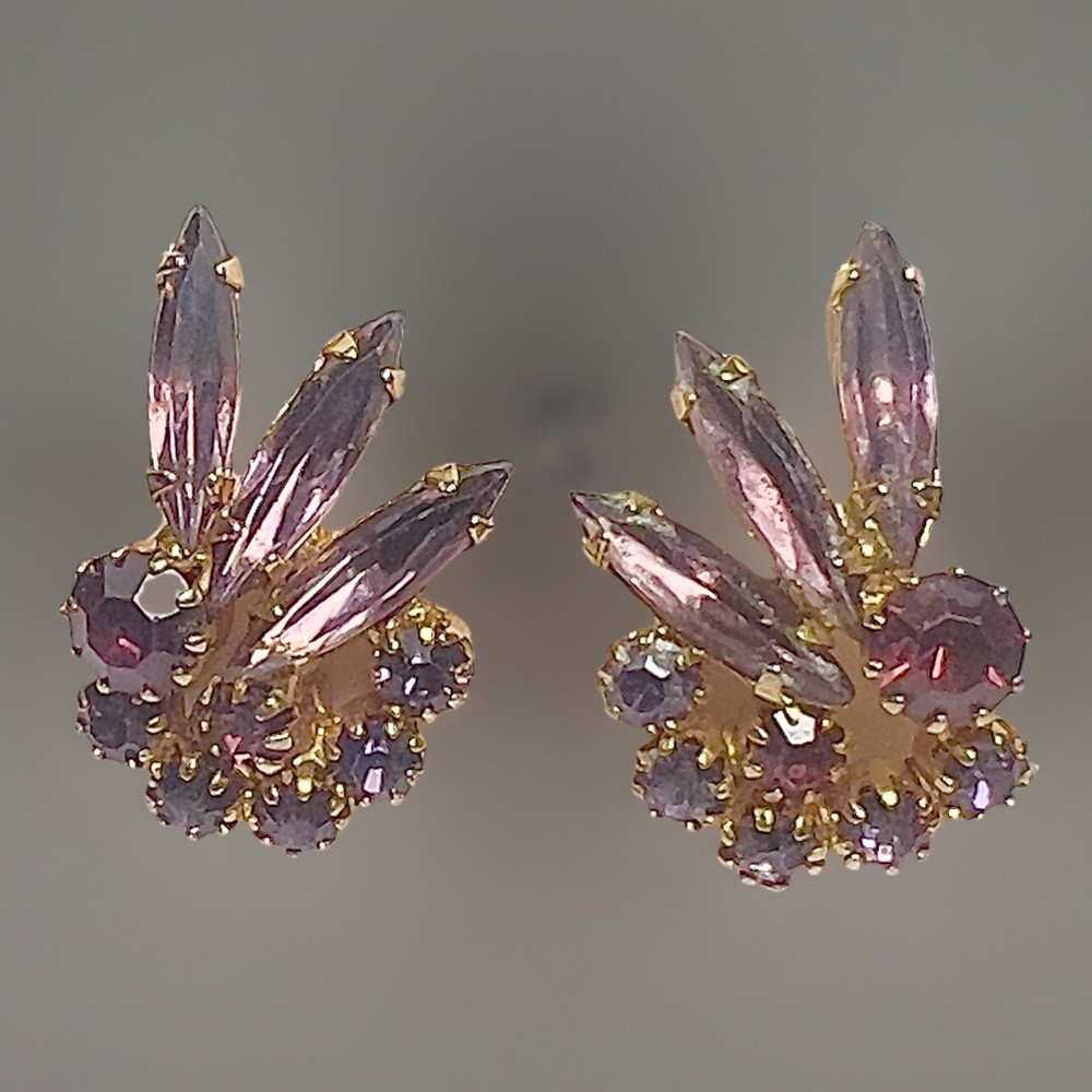 Vintage Rhinestones In Multiple Shades Of Purple Clip On Gold Tone Earrings