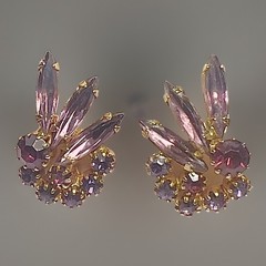 Vintage Rhinestones In Multiple Shades Of Purple Clip On Gold Tone Earrings