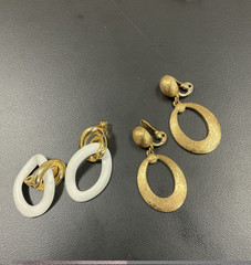 Vintage MONET Clip On Set Gold Tone & White Enamel/ Gold Texture Dangle Hoops