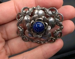 Vtg 800 Silver Made in Israel Blue Art Glass Flower Brooch Pin Trombone Clasp