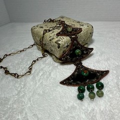 Vintage Casa Maya Mexico Statement Necklace Copper Brass Green Onyx Book Piece