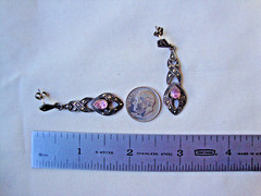 VINTAGE OPENWORK TEARDROP PINK TOPAZ W/MARCASITE SILVER 925 DANGLE STUD EARRINGS