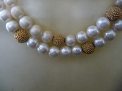 SIGNED E. PEARL 2 ROWS FAUX PEARLS & GOLD TONE BEADS 7”L COLLAR NECKLACE #32/5