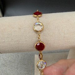 Vintage Necklace 34 Inch Bracelet Size 6.5 Red Clear Open Bezel Crystals
