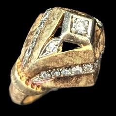 Vintage 1940s Retro Diamond Dome Heavy Ring 14k Two-Tone Gold Cocktail