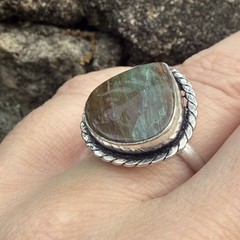 Green Brown Jasper Ring 6.5 Sterling Silver Twisted Rope Boho Southwestern