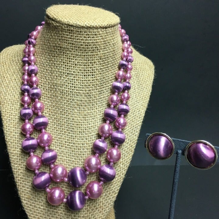 Necklace Earrings Set Vintage Light Purple Gold Moonstone Push Clasp Clip On
