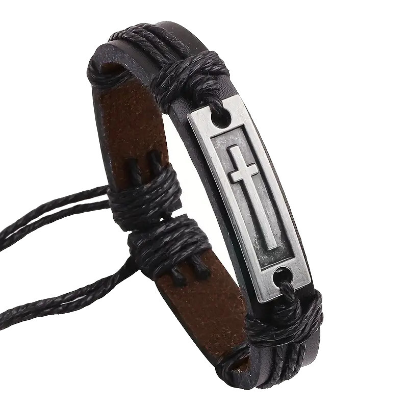 Vintage Leather Bracelet with Metal Alloy Cross