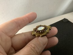 VTG/Antique brass?Czech? Garnet rhinestones Opalite glass pendant necklace 18″