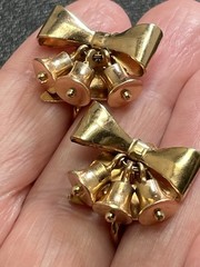 Vintage Brass Bow Bell Charm Dangle Screw Back Earrings