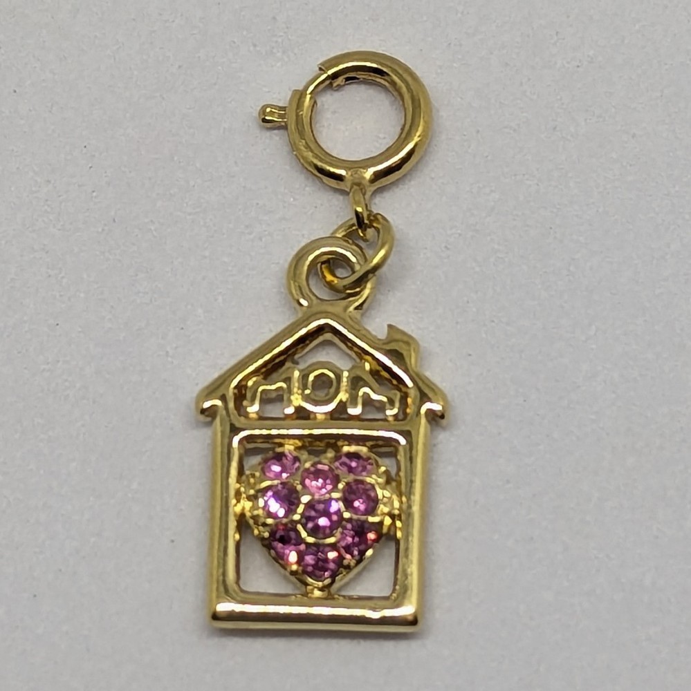 Vintage Monet Mom Pink Rhinestone Crystal Charm Gold Tone Heart In House