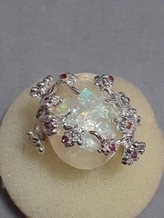 Opalite cabochon ring W/cherry blossom design silvertone metal red stones size 6