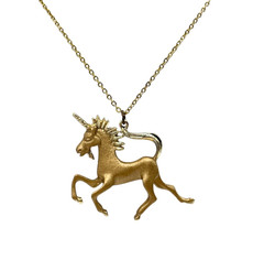 VTG Textured Gold-tone Unicorn Pendant necklace 24″ Fantasy Mythical