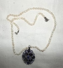 Sterling Silver PENDANT PURPLE LAVENDER RHINESTONES Lovely Faux Pearl NECKLACE