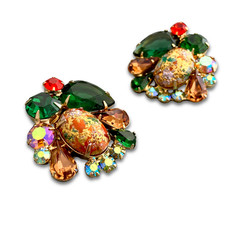 Vintage JULIANA Easter Egg Art Glass Green Brown Rhinestone Huge Clip Earrings