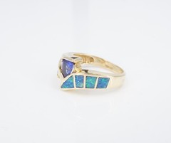 14k Tanzanite Opal Inlay Diamond Cocktail Ring Yellow Gold Natural Size 7 RG5195