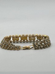 Vintage Estate Gold Tone Clear Rhinestone Fold Over Clasp Bracelet 7”