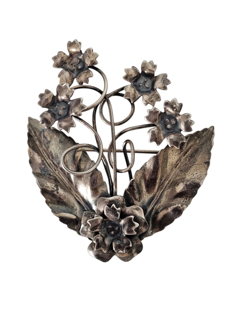 925 Sterling Silver Floral Brooch 2″ Antique Art Deco Roses Pin 9.6 Grams